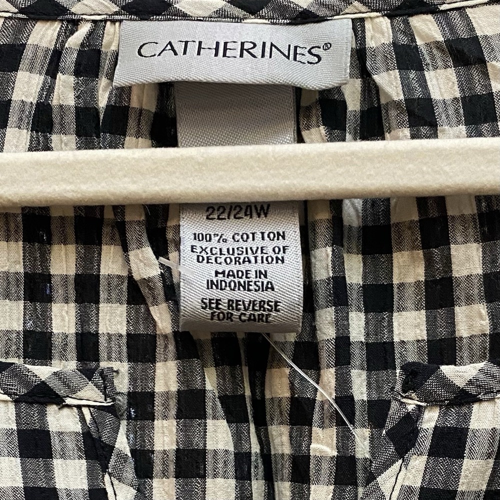 Catherines 22/24 Embroidered 3/4 Sleeve Blouse Black/White Check Boho Cottage - Picture 2 of 8